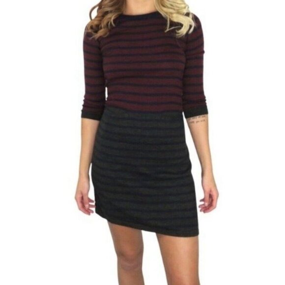 Talbots Sweater Dress Womens Large Burgundy Gray Wool Blend Stripe Sheath Pocket - Picture 1 of 12